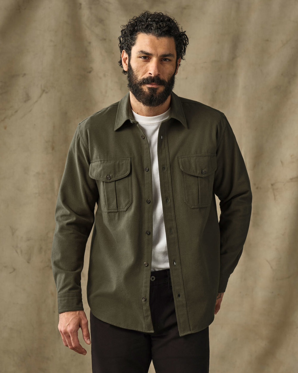 image of a model wearing Filson's Moleskin Guide Shirt - Dark Olive Drab