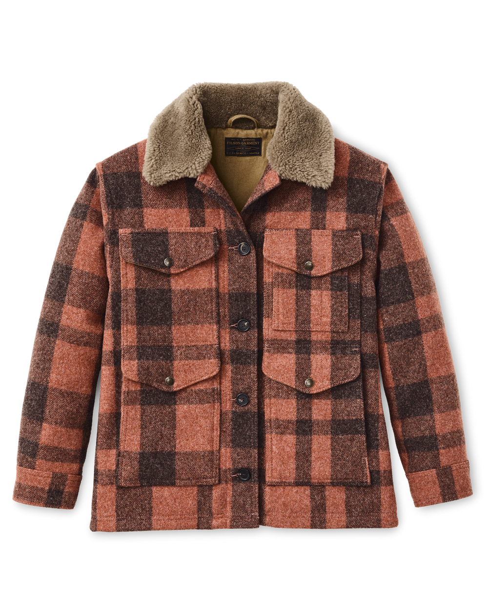 Front-facing image of the Filson Women's Mackinaw Wool Shearling Cruiser Jacket - Rusty Pink / Dark Brown Plaid