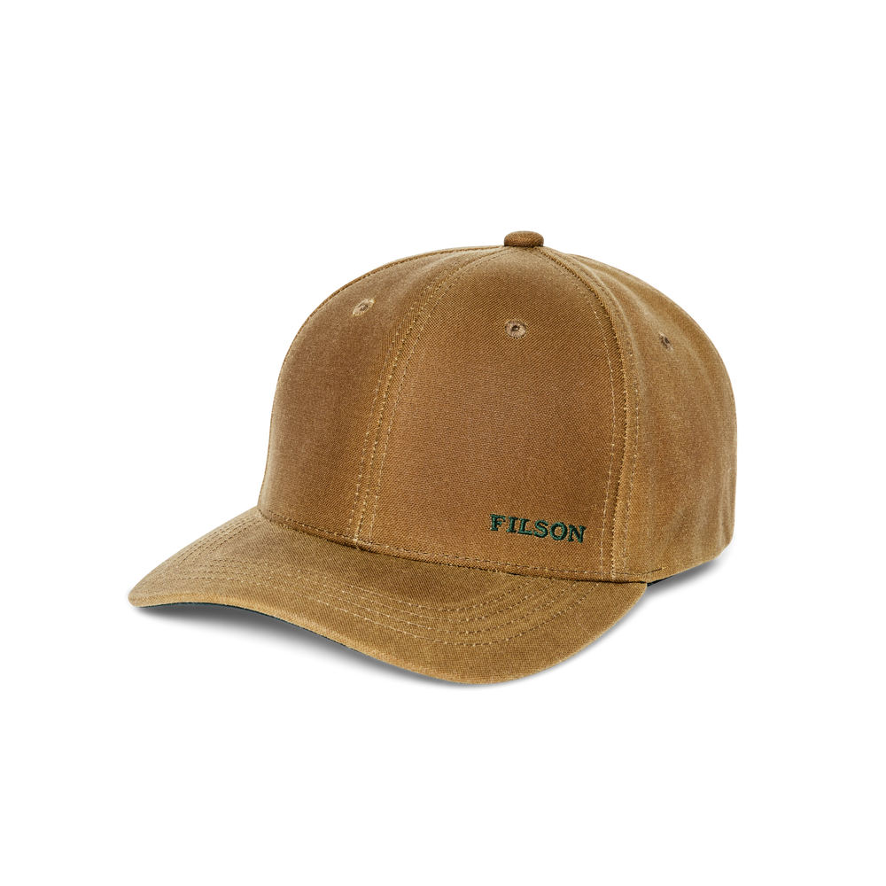 Front-facing image of the Filson Oil Tin Logger Cap - Dark Tan