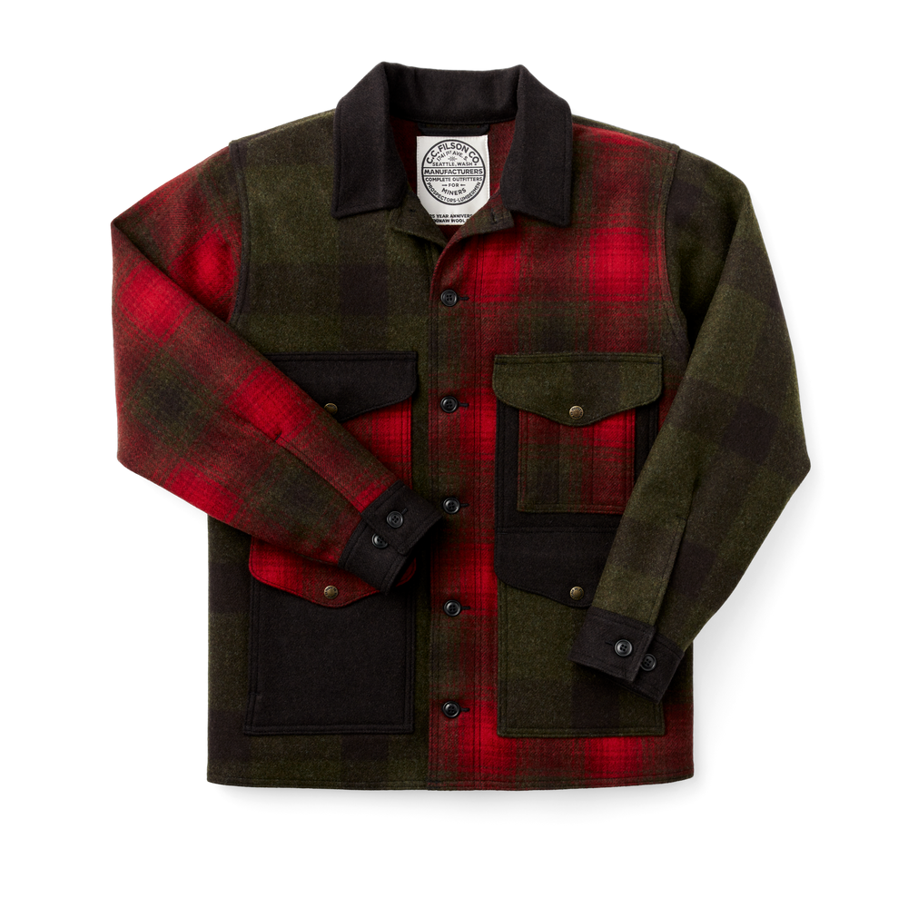 Front-facing image of the Filson 125th Anniversary Archival Mackinaw Wool Cruiser - Red Patchwork