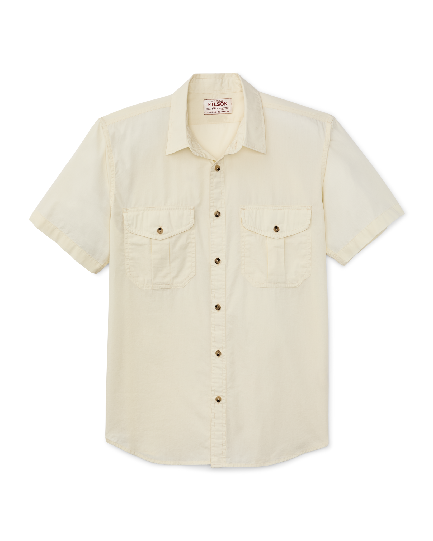 Front-facing image of the Filson Filson's Washed Short Sleeve Feather Cloth Shirt - Ivory