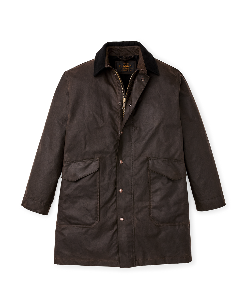 Front-facing image of the Filson Shelter Cloth Trench Coat - Orca Gray