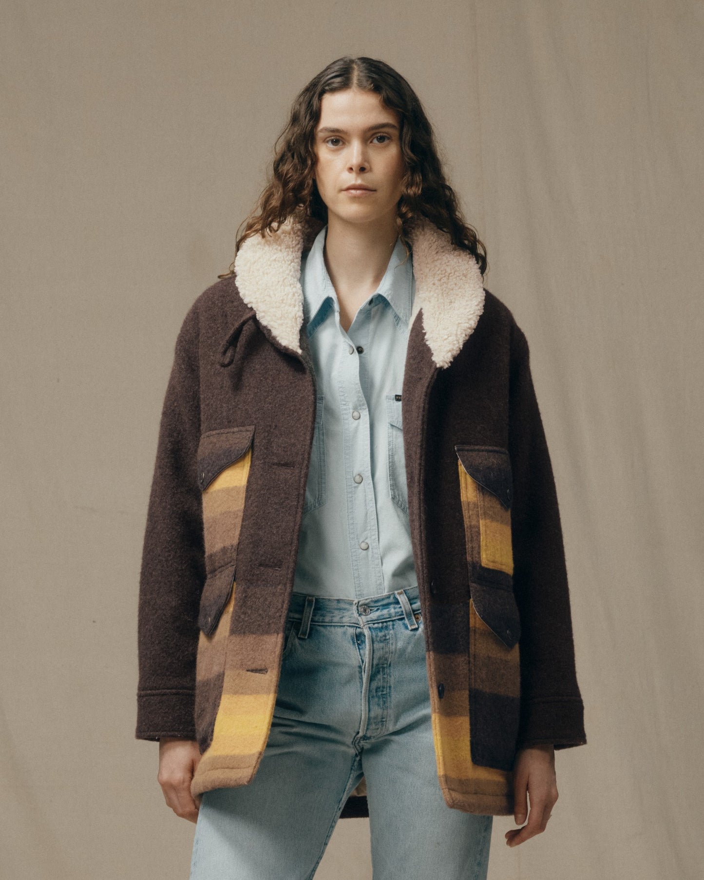 Women's Kodiak Shawl Collar Coat - Brown / Yellow Stripe