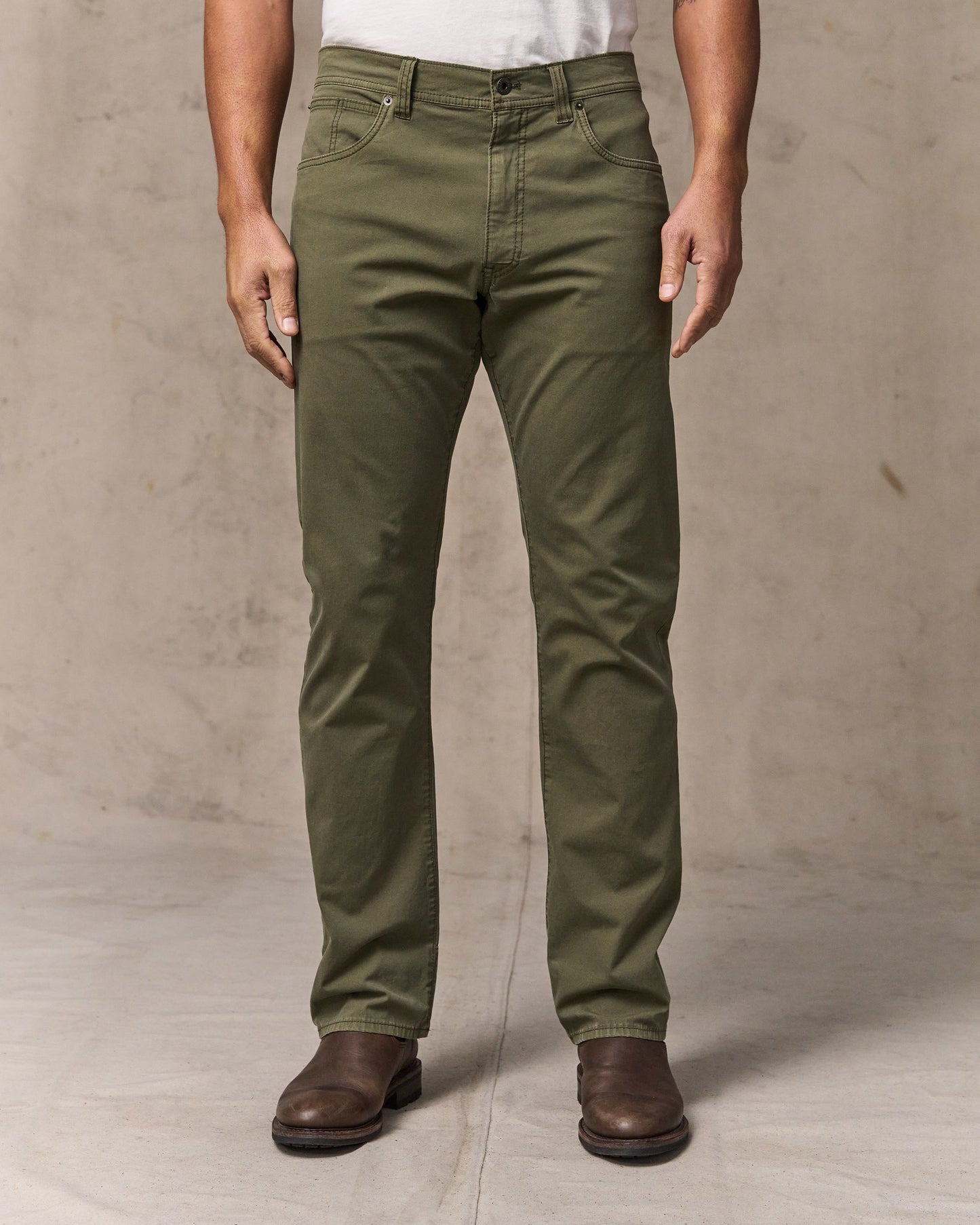 image of a model wearing Filson's Granite Mountain 5-pocket Pants - Burnt Olive|Model is 6'2" wearing a size 34x32