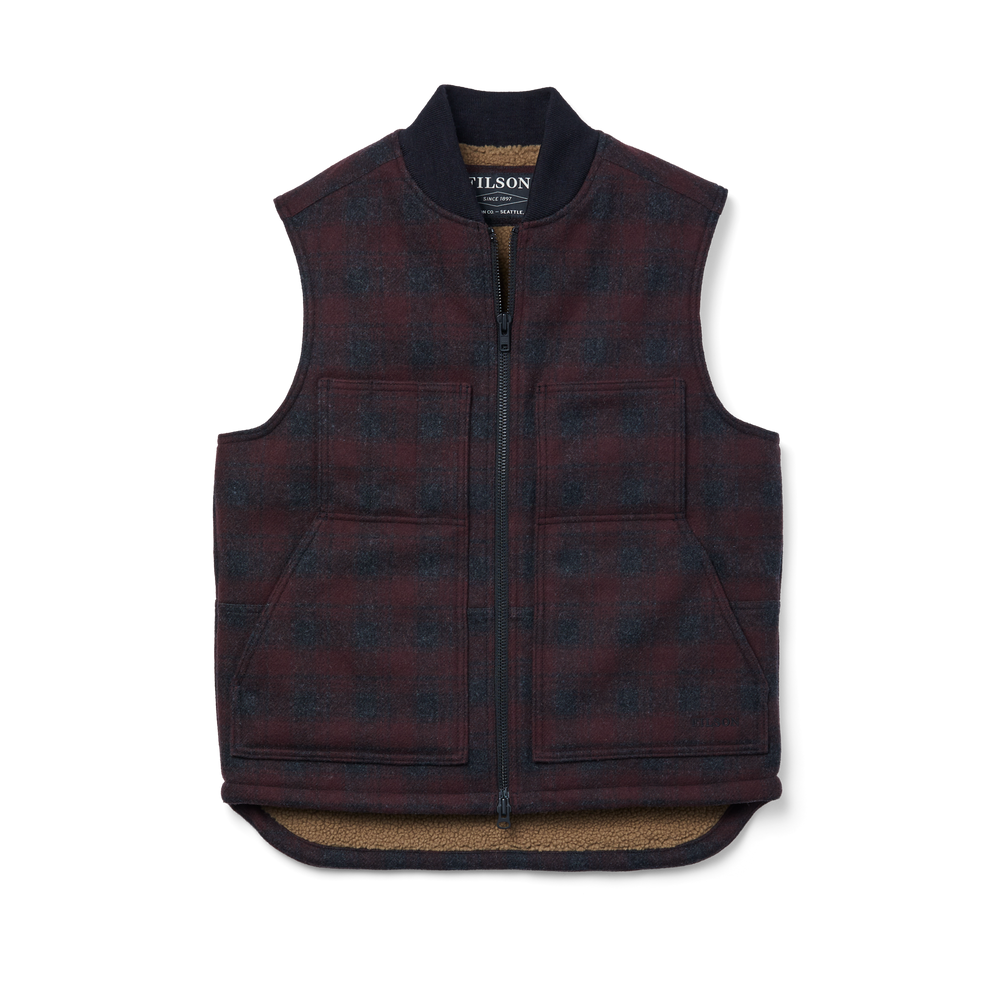 Front-facing image of the Filson Lined Mackinaw Wool Work Vest - Maroon / Charcoal Plaid