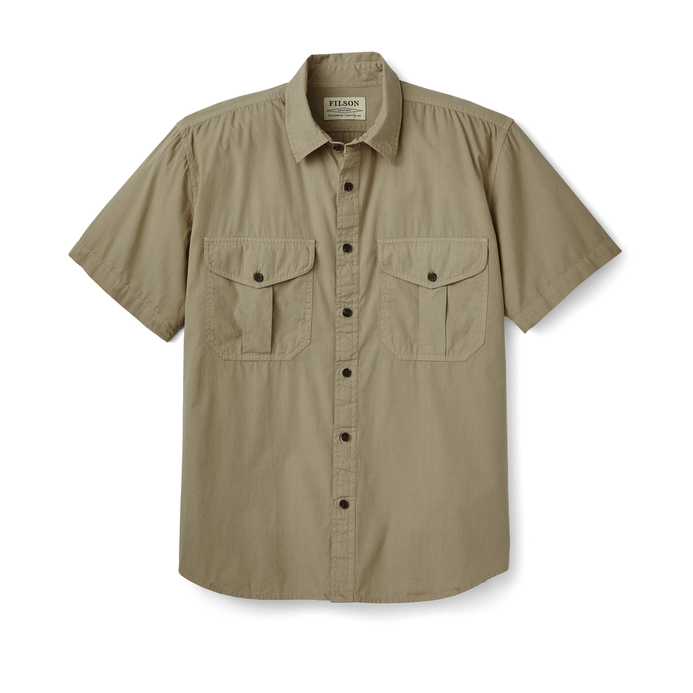 Front-facing image of the Filson Filson's Washed Short Sleeve Feather Cloth Shirt - Gray Khaki