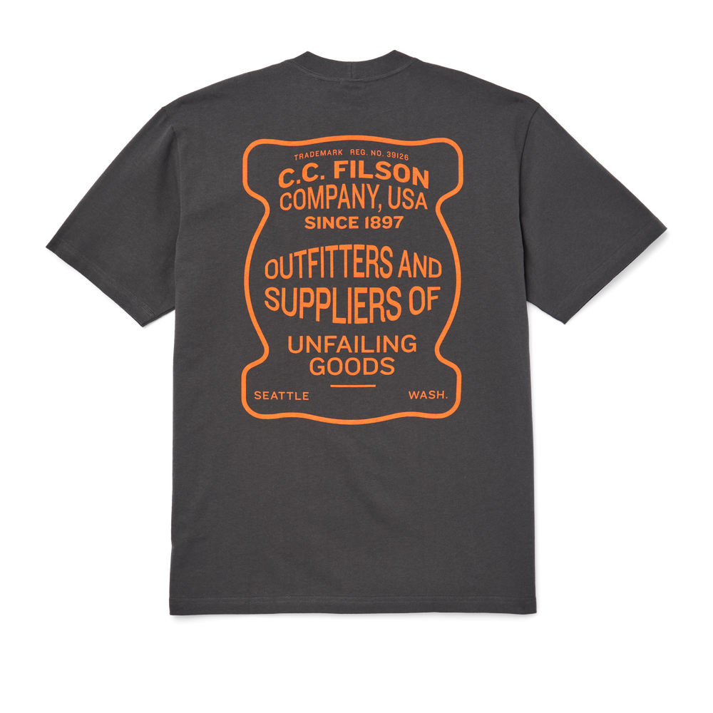 alternate image of filson's pioneer graphic t-shirt, a men's short sleeve knit shirt constructed in cotton, shown in charcoal / orange