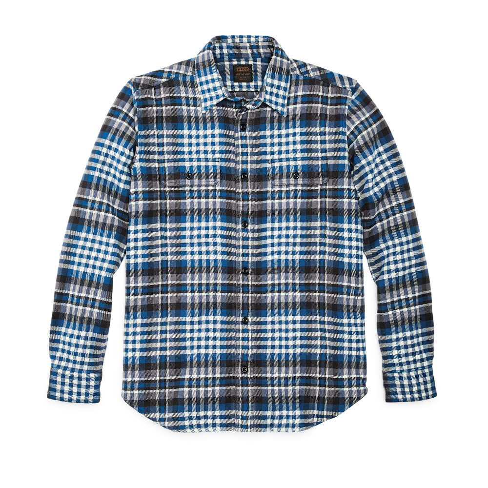 Front-facing image of the Filson Vintage Flannel Work Shirt - Graystone / Blue