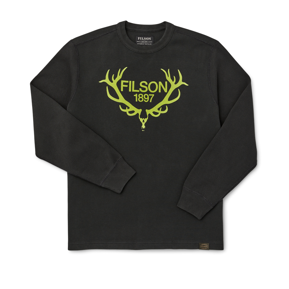 Front-facing image of the Filson Waffle Knit Graphic Thermal Crewneck - Faded Black/ Stag