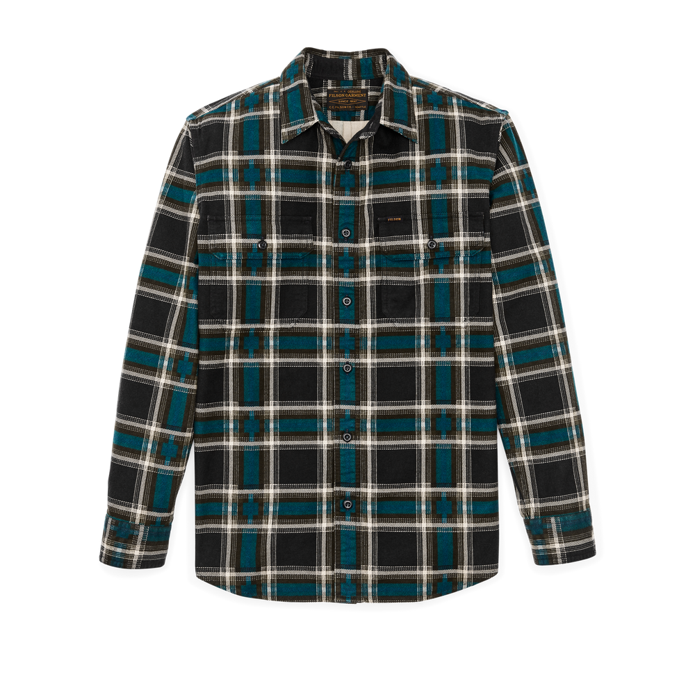 Front-facing image of the Filson Field Flannel Shirt - Brown / Blue / Multi Plaid