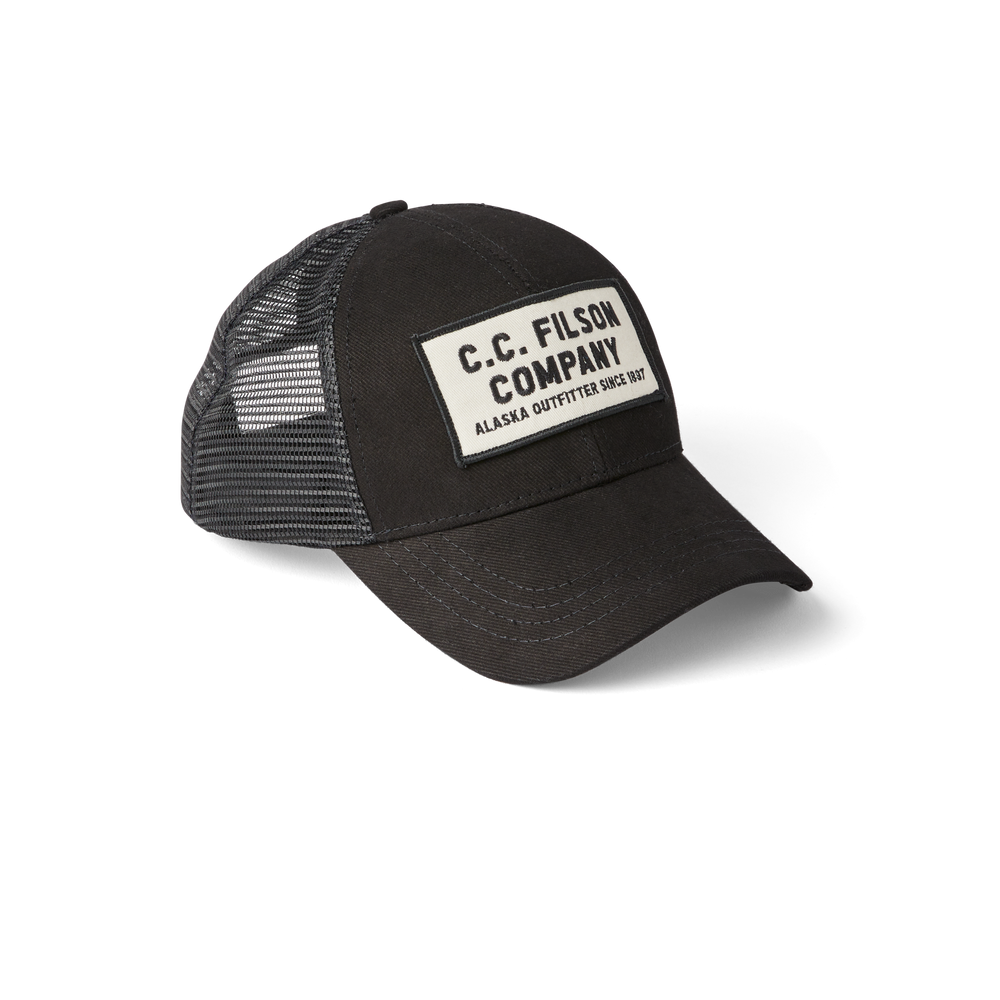 Front-facing image of the Filson Mesh Snap-back Logger Cap - Black