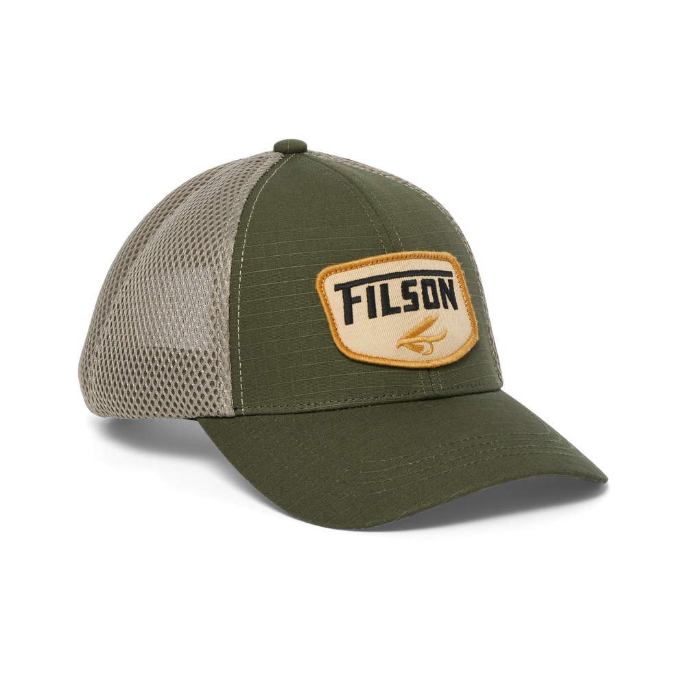 Front-facing image of the Filson Mesh Logger Cap - Olive