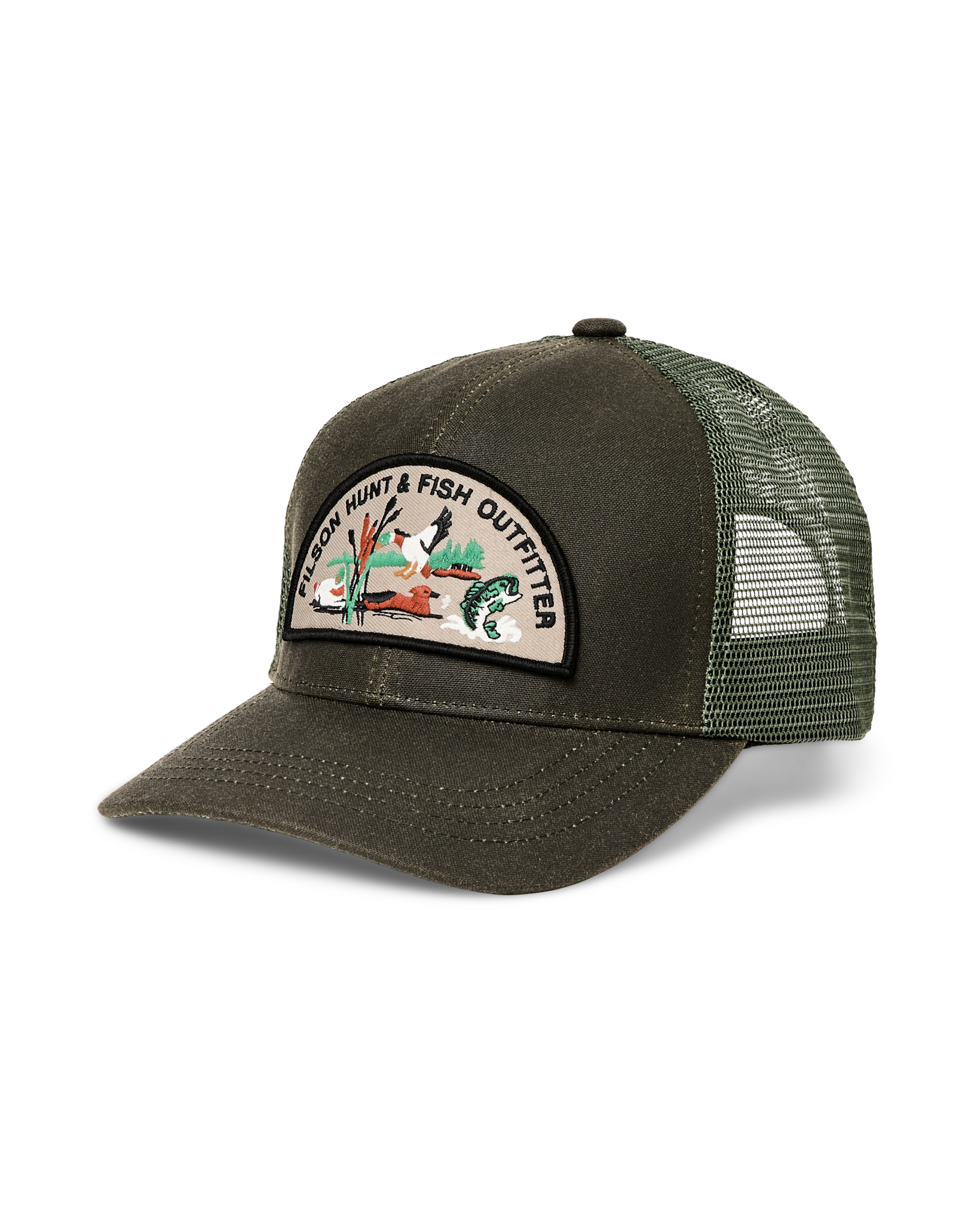 Front-facing image of the Filson Logger Mesh Cap - Otter Green /  Hunt Fish