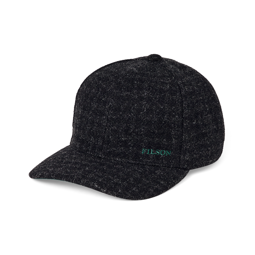 Front-facing image of the Filson Wool Logger Cap - Black Marl / Heather Check