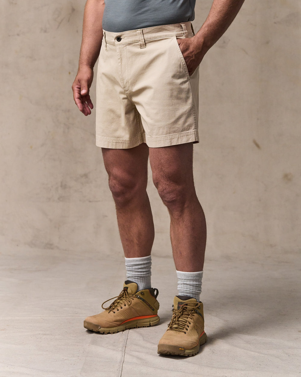 image of a model wearing Filson's Granite Mountain 6" Shorts - Buck Tan