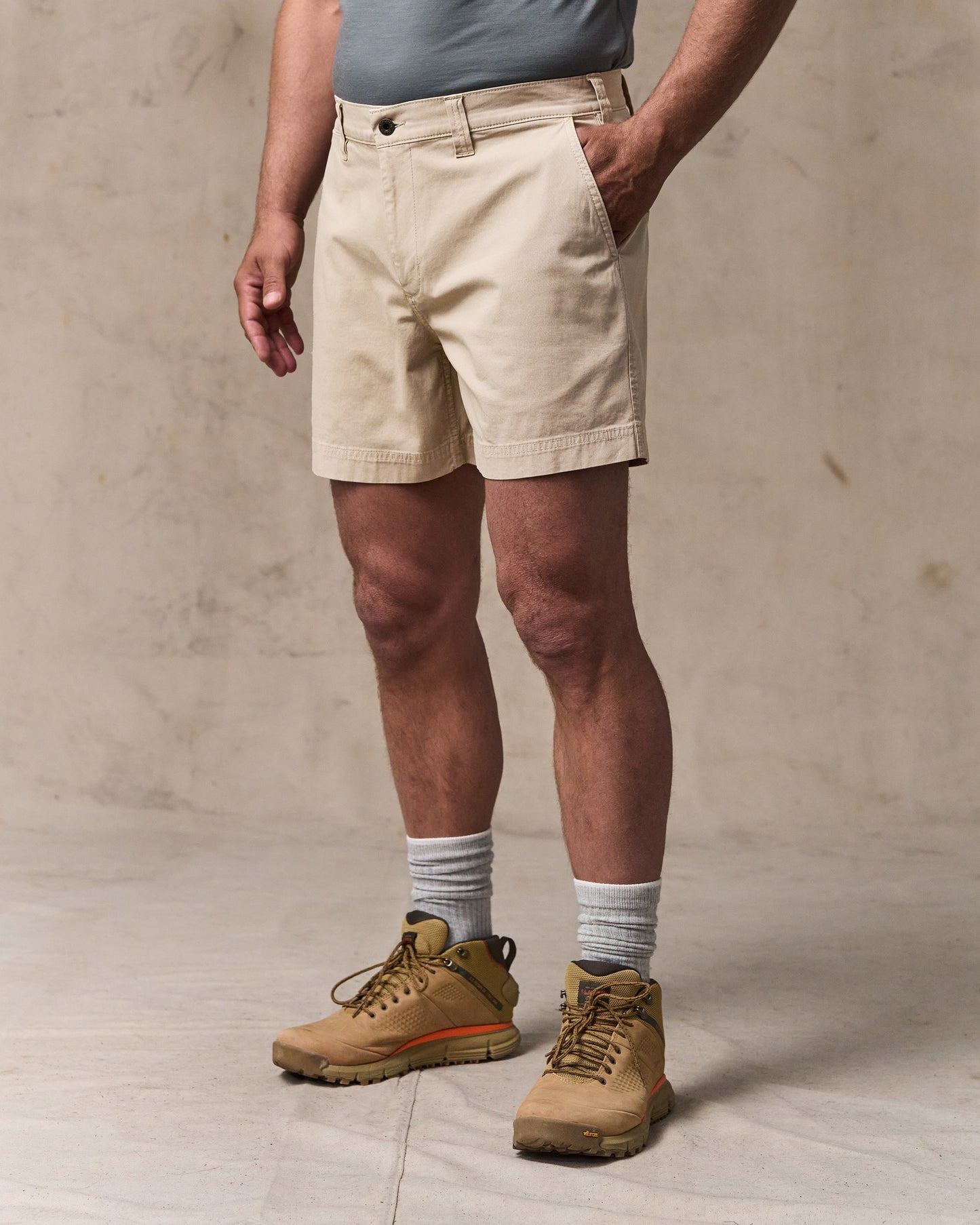 image of a model wearing Filson's Granite Mountain 6" Shorts - Buck Tan
