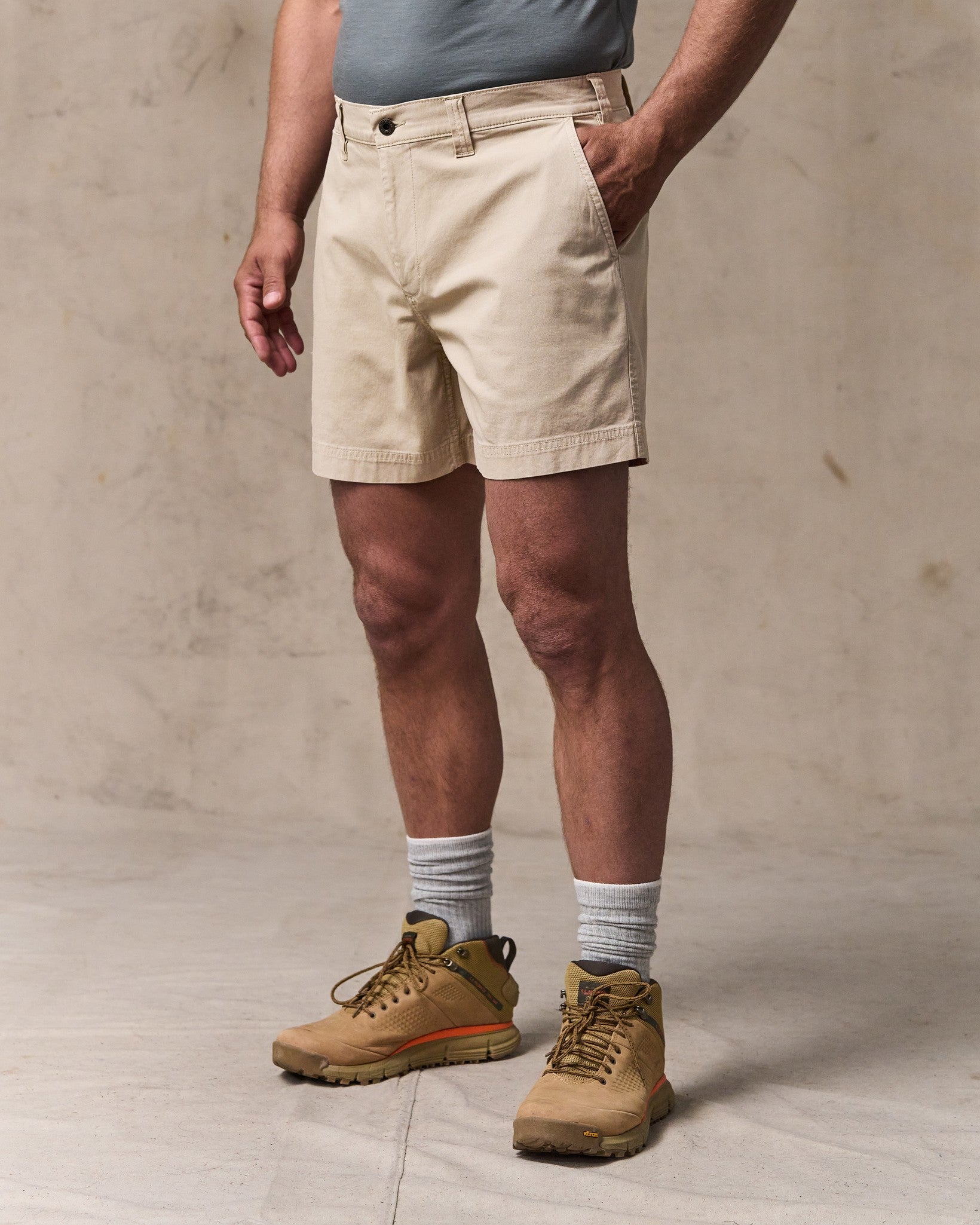 image of a model wearing Filson's Granite Mountain 6" Shorts - Buck Tan