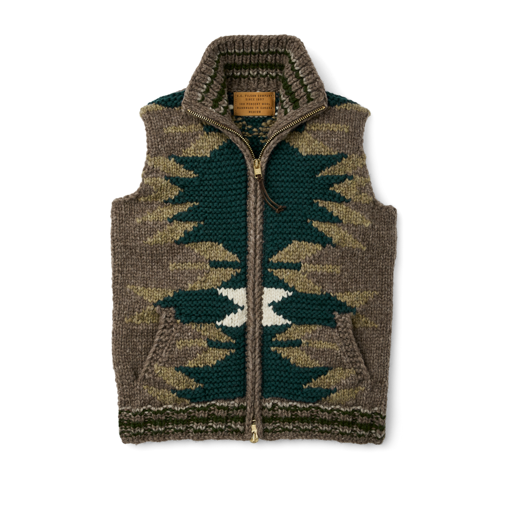Front-facing image of the Filson Women's Handmade Vest - Green/brown/tan (geo)