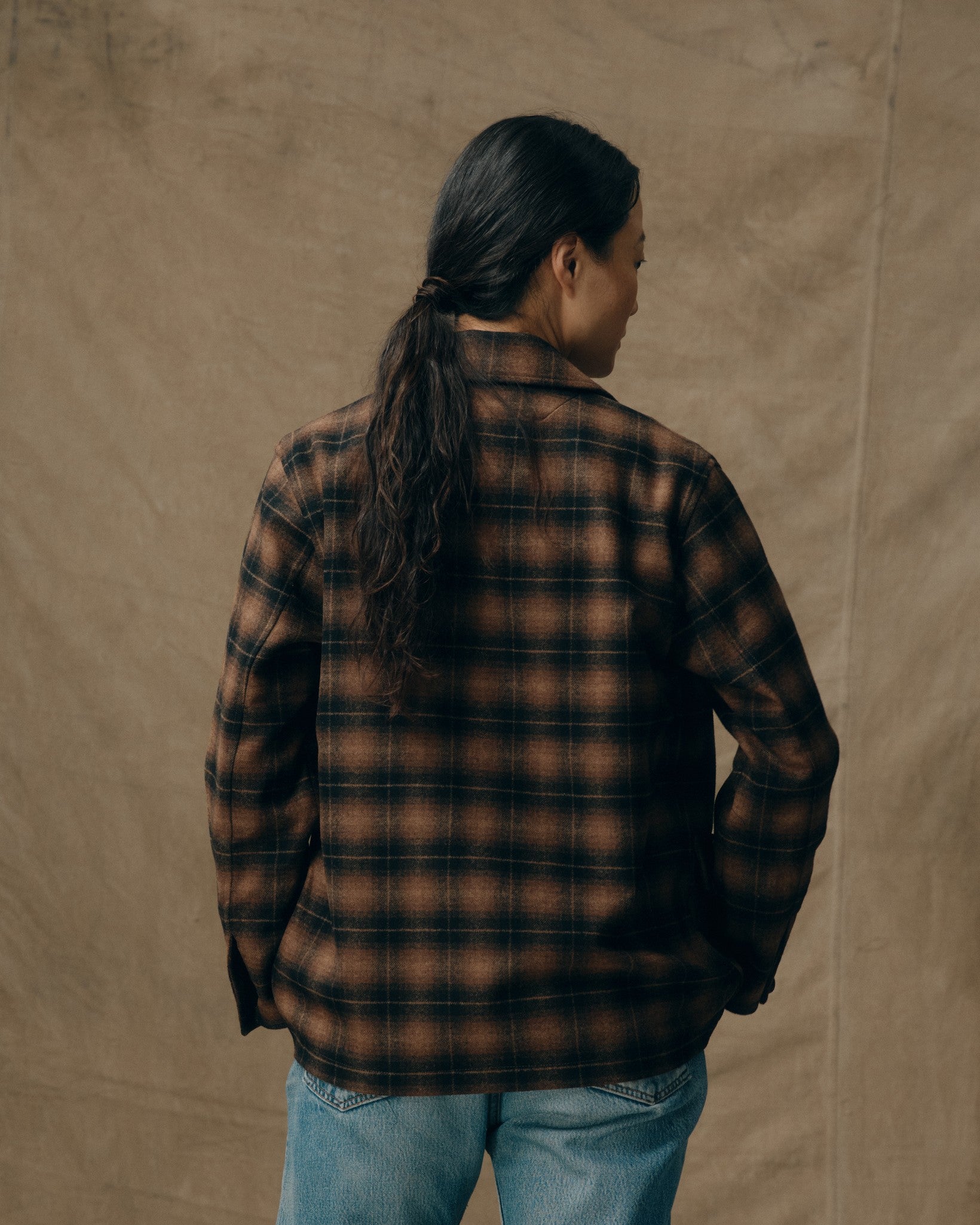 Women's Unconstructed Wool Blazer - Bronze Brown Plaid