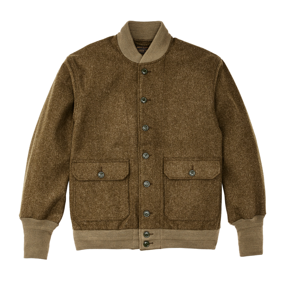 Front-facing image of the Filson Ccc Wool Bomber - Marsh Olive