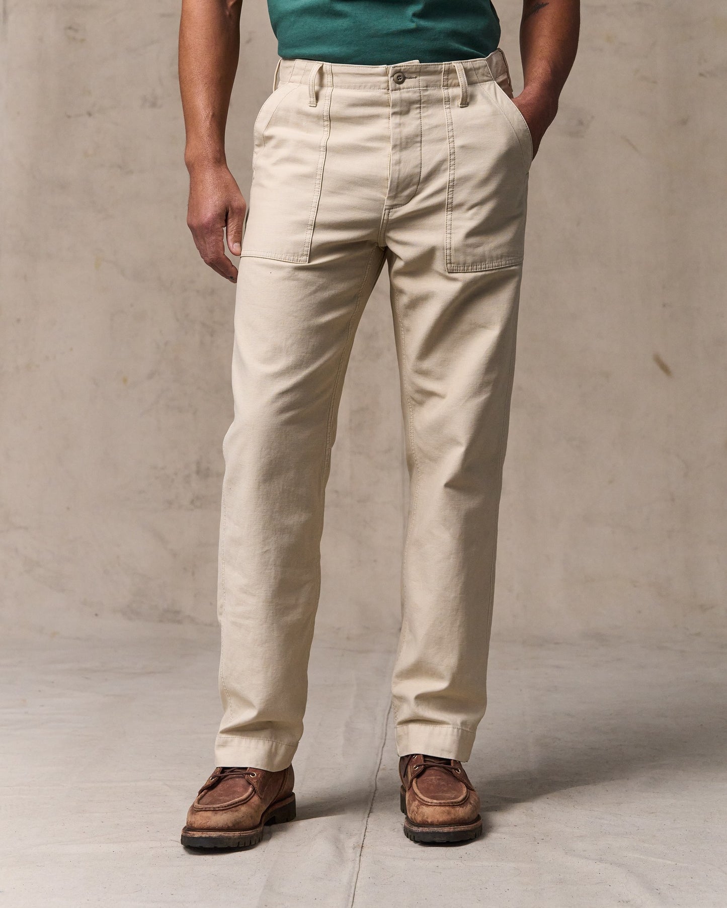 image of a model wearing Filson's Field Supply Pants - Washed Oatmeal|Model is 6'2" wearing a size 34x32