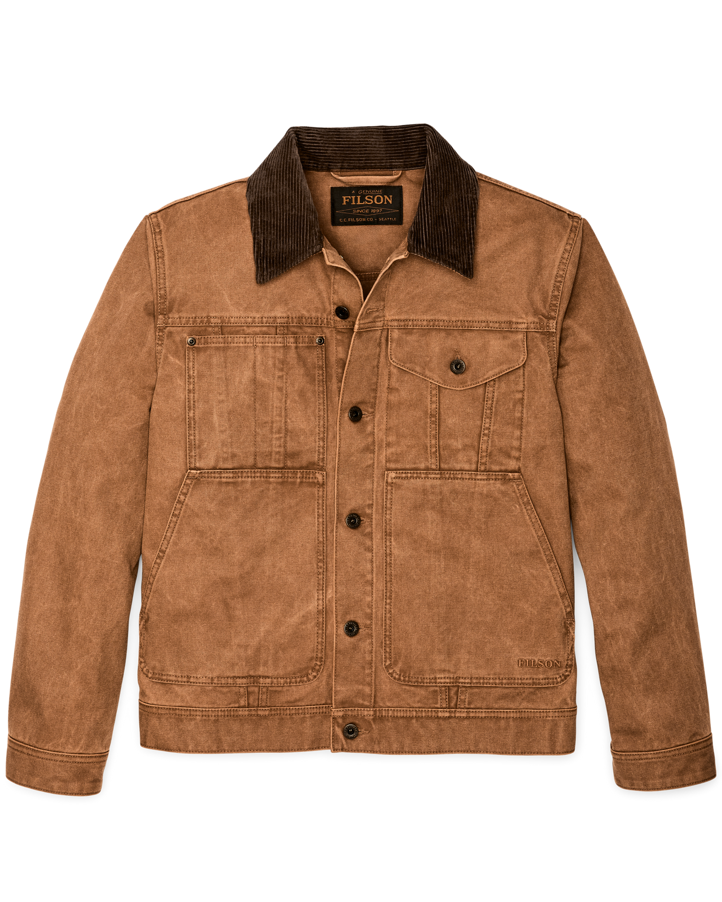 Front-facing image of the Filson Rustic Canvas Short Cruiser Jacket - Whiskey