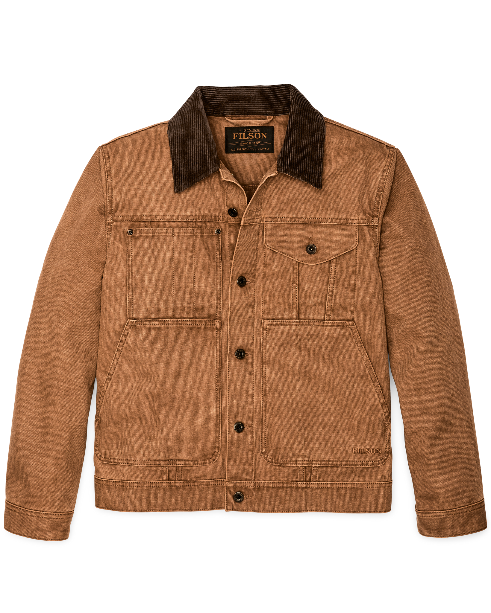 Front-facing image of the Filson Rustic Canvas Short Cruiser Jacket - Whiskey