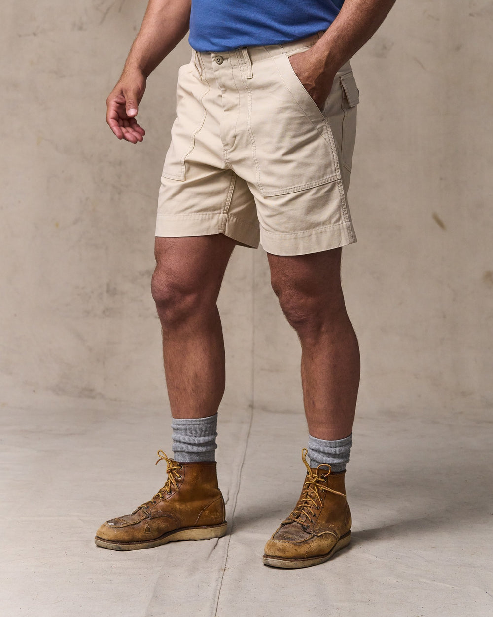 image of a model wearing Filson's Field Supply Shorts - Washed Oatmeal