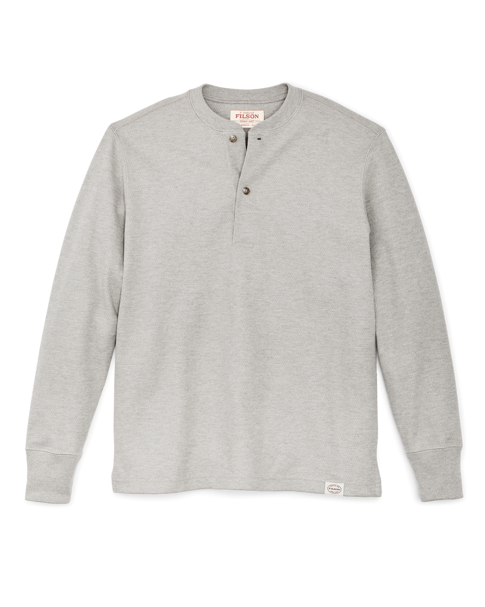 Front-facing image of the Filson Waffle Knit Henley - Light Heather Gray