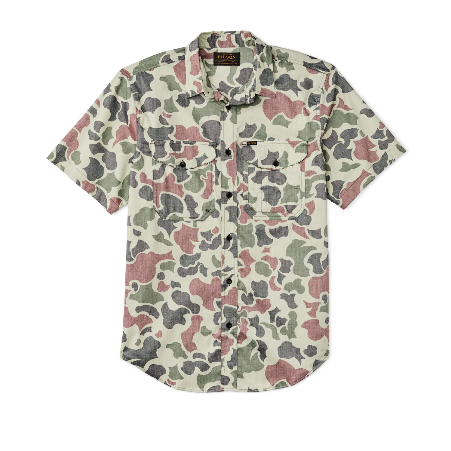 Front-facing image of the Filson Twin Lakes Short Sleeve Sport Shirt - Shrub Camo