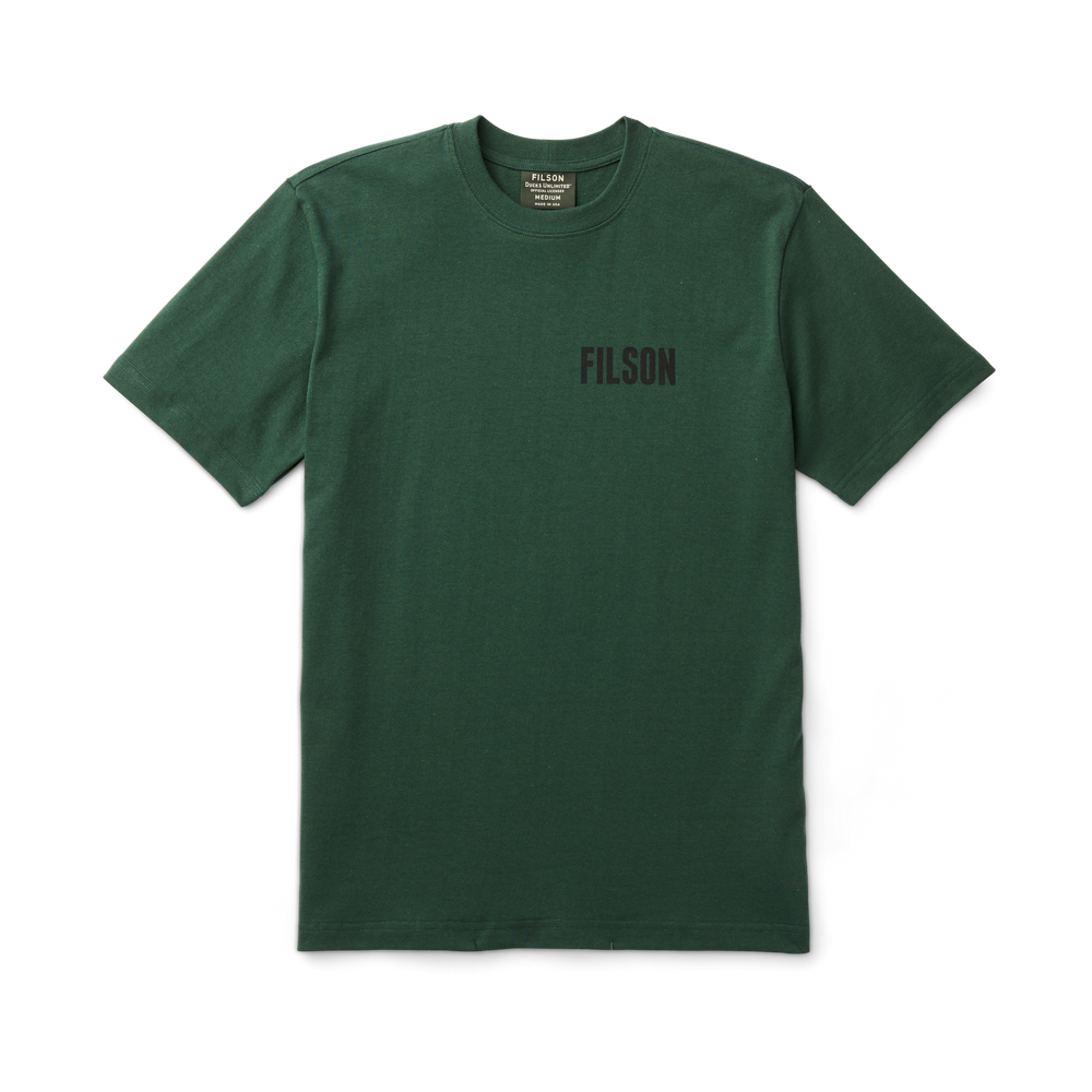 Front-facing image of the Filson Ducks Unlimited Outfitter Graphic T-shirt - Dark Moss
