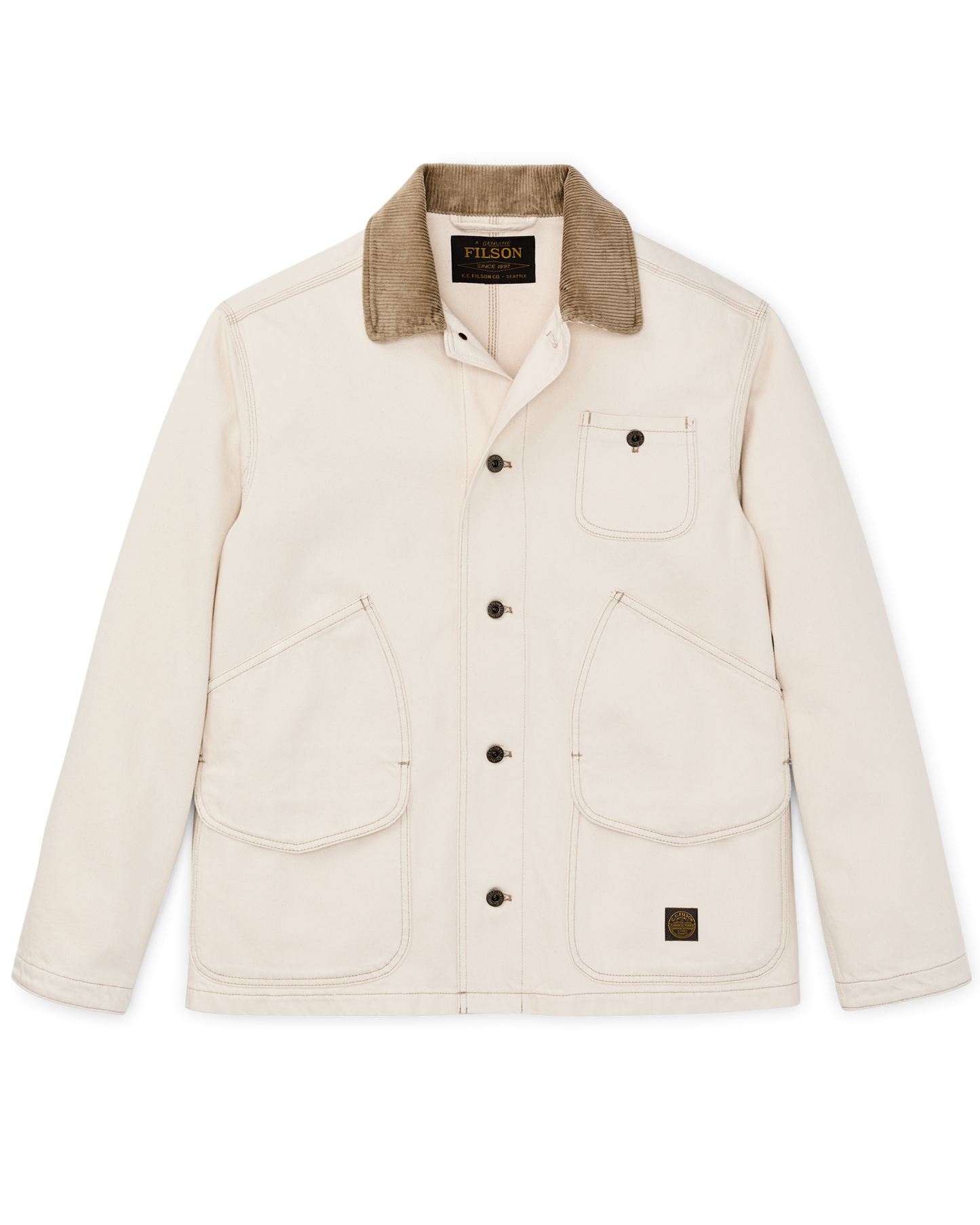 Front-facing image of the Filson 11-oz. Denim Outfitter Jacket - Natural Seed
