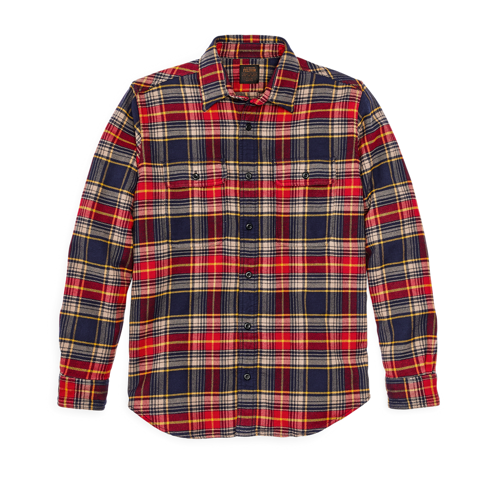 Front-facing image of the Filson Vintage Flannel Work Shirt - Flag Blue / Walnut Plaid