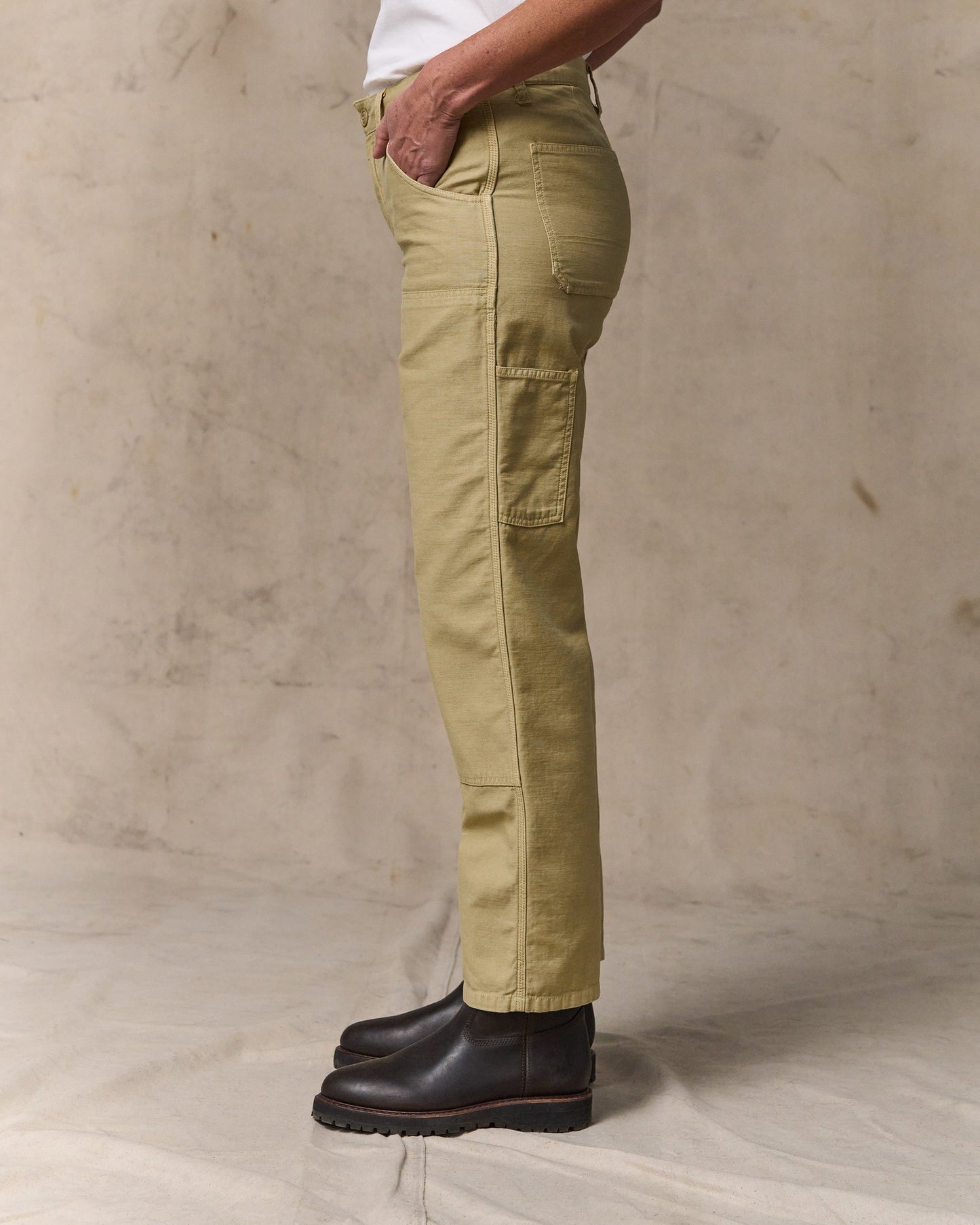 image of a model wearing Filson's Women's Reverse Sateen Double Front Pants - Antique Khaki