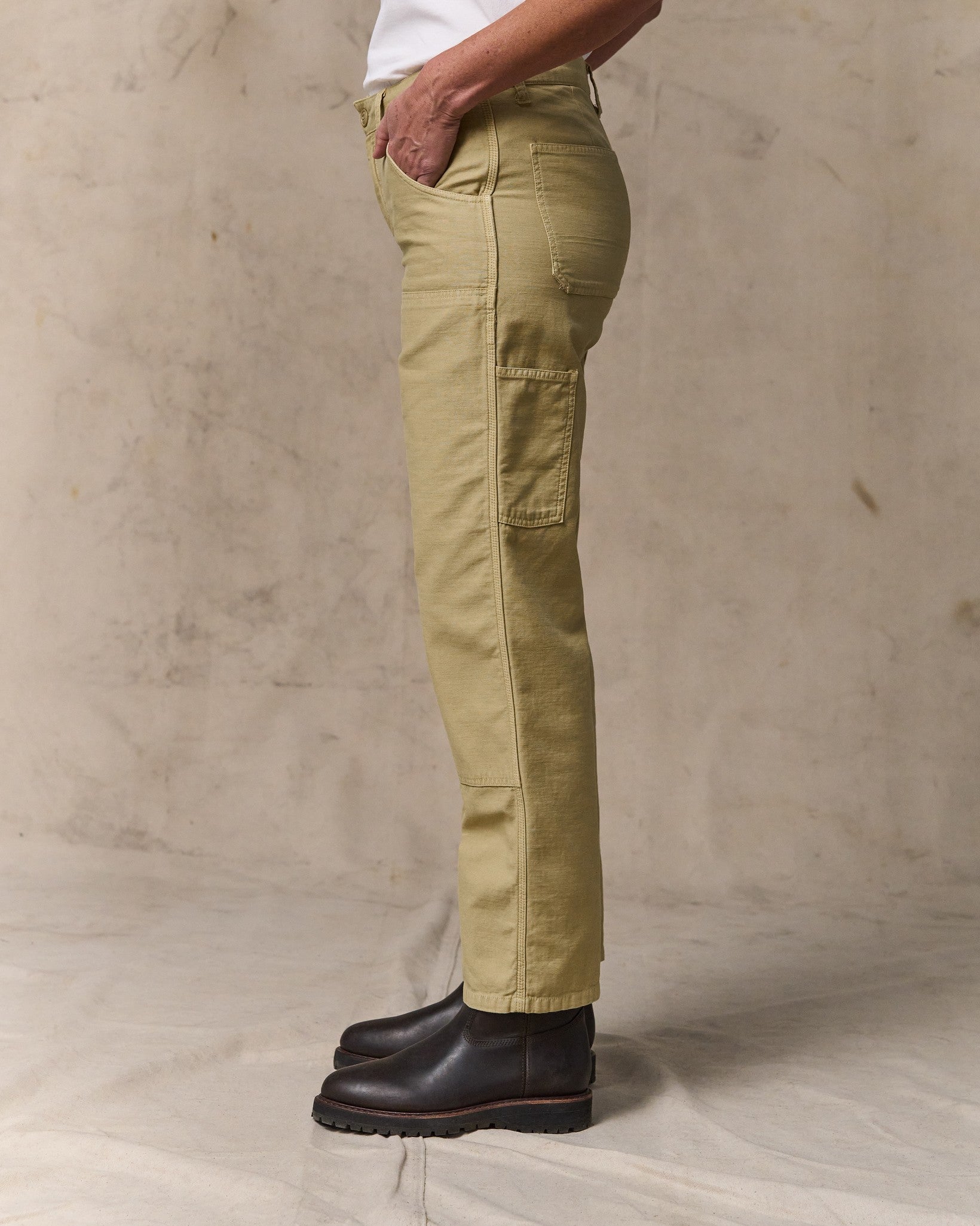 image of a model wearing Filson's Women's Reverse Sateen Double Front Pants - Antique Khaki