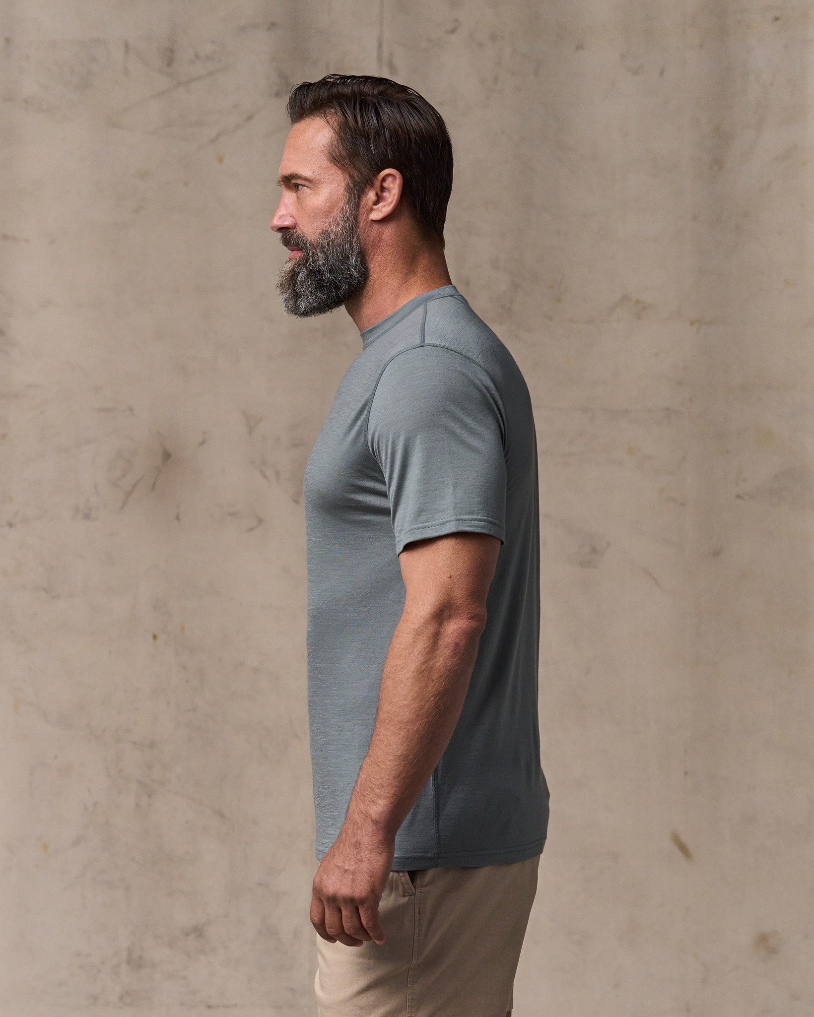 image of a model wearing Filson's Wool-blend Upf T-shirt - Sage Gray