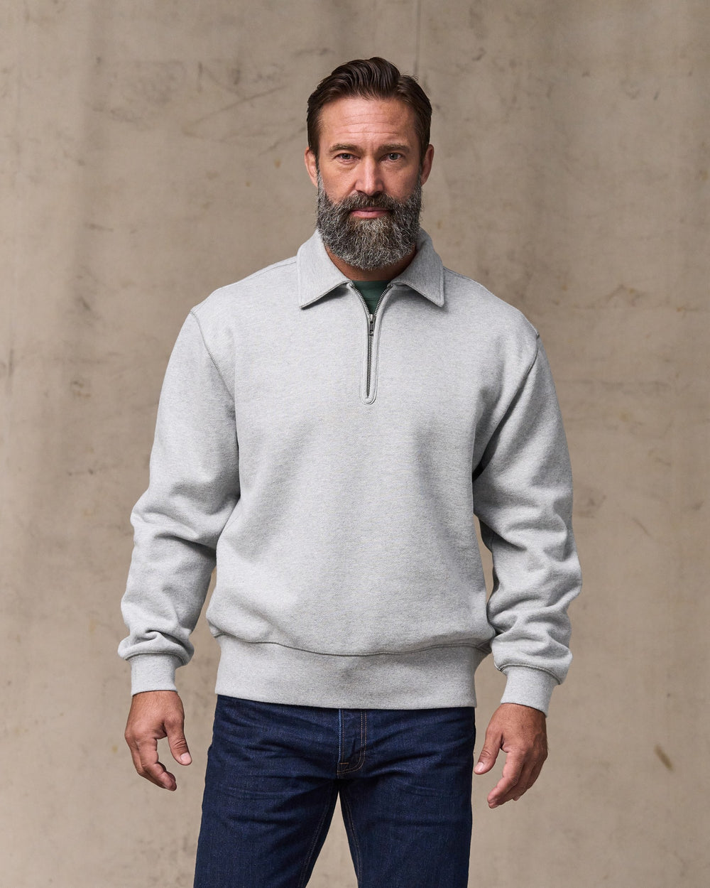 image of a model wearing Filson's 14-oz. Heritage Fleece Quarter Zip - Gray Heather