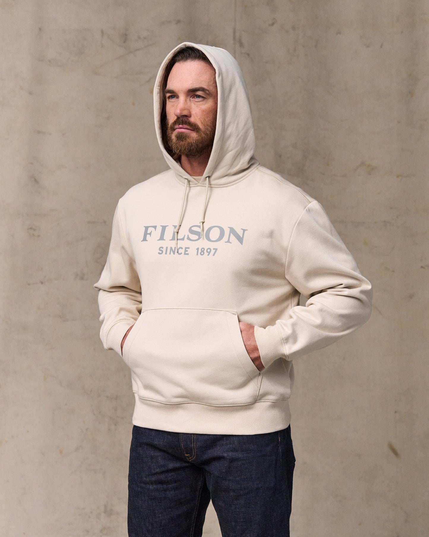 image of a model wearing Filson's Filson Graphic Hoodie - Oatmeal