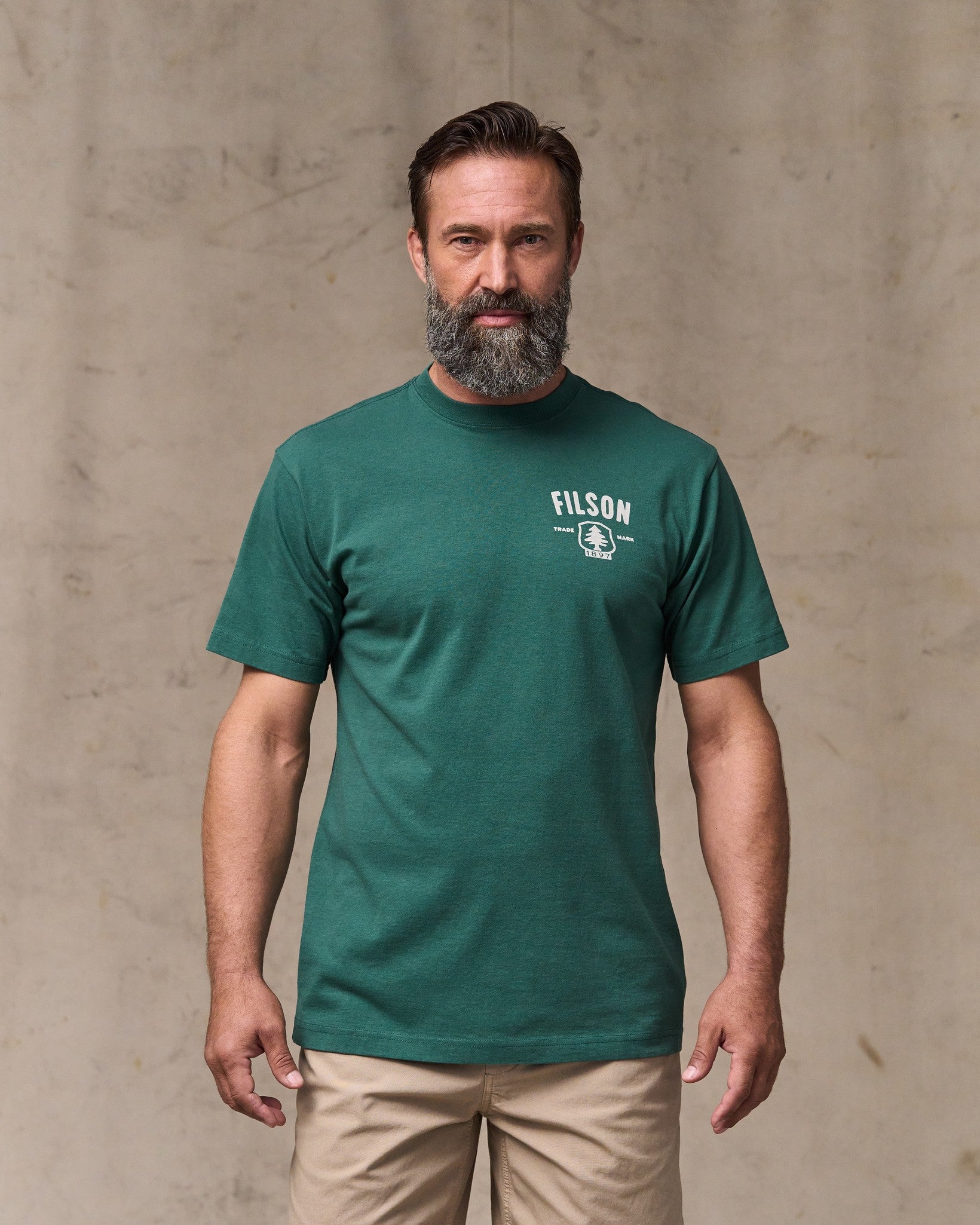 image of a model wearing Filson's Forestry Graphic T-shirt - Mallard Green