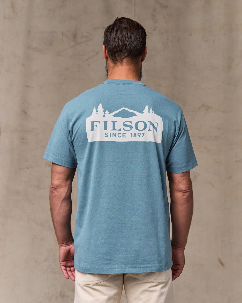 image of a model wearing Filson's Scenic Graphic T-shirt - Bluefin