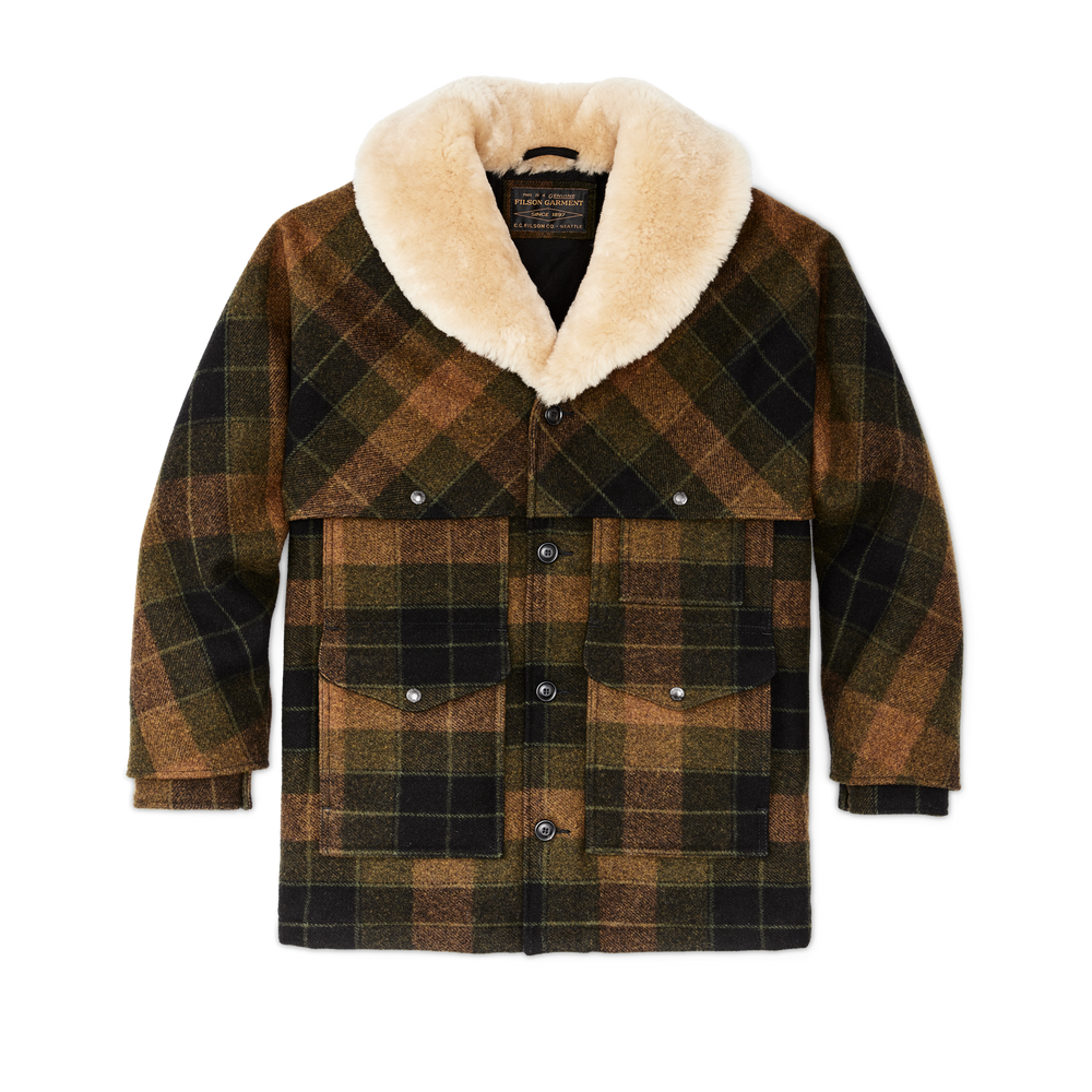 Front-facing image of the Filson Lined Mackinaw Wool Packer Coat - Loden Heather Plaid
