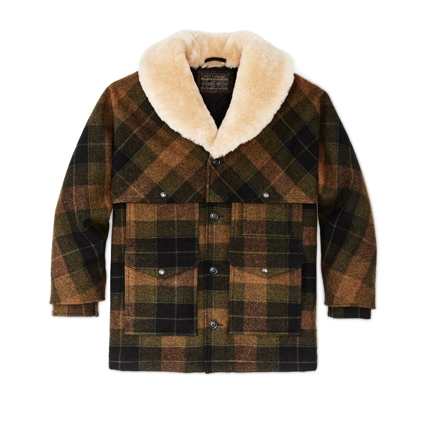 Front-facing image of the Filson Lined Mackinaw Wool Packer Coat - Loden Heather Plaid