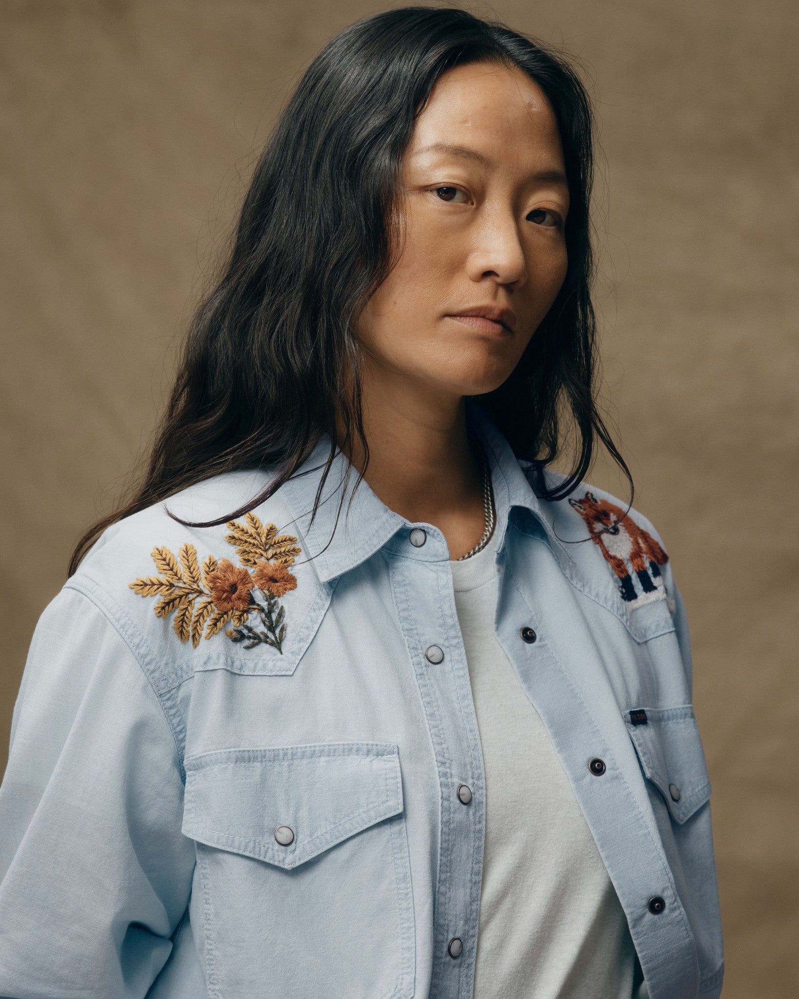Women's Embroidered Western Shirt - Light Indigo Chambray / Fields