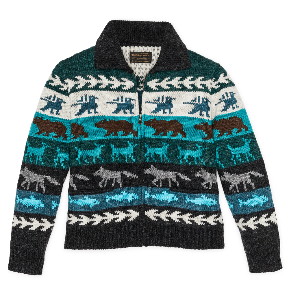 Front-facing image of the Filson Women's Fair Isle Cardigan - Animal / Multi