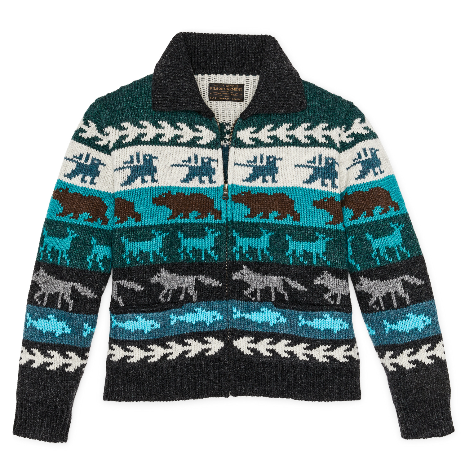 Front-facing image of the Filson Women's Fair Isle Cardigan - Animal / Multi