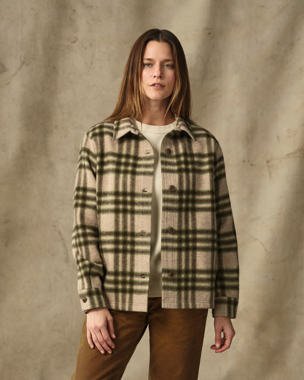 image of a model wearing Filson's Women's Wool Overshirt - Natural / Brown Multicolor