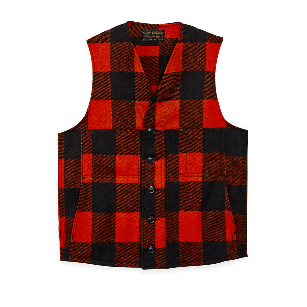 Front-facing image of the Filson Mackinaw Wool Vest - Orange / Black Plaid