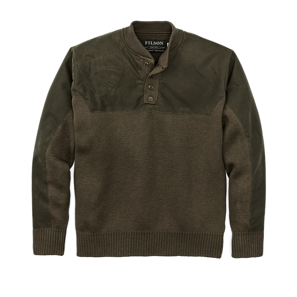 Front-facing image of the Filson Henley Guide Sweater - Peat Green