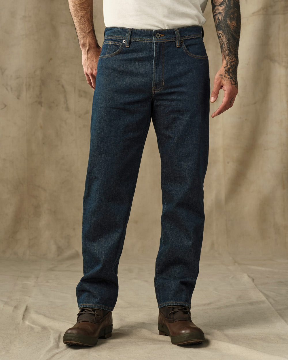 image of a model wearing Filson's 14-oz. Straight-Leg Jeans - Rinsed Vintage Indigo