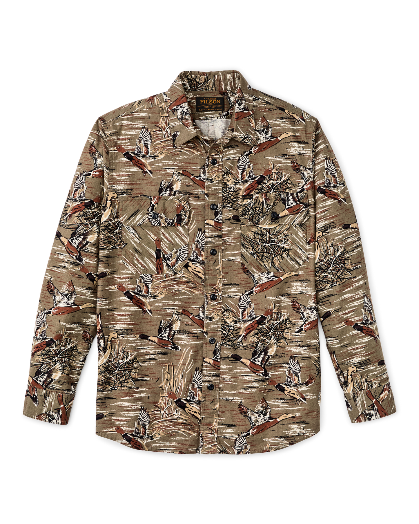 Front-facing image of the Filson Field Flannel Shirt - Brown / Marsh Mallards